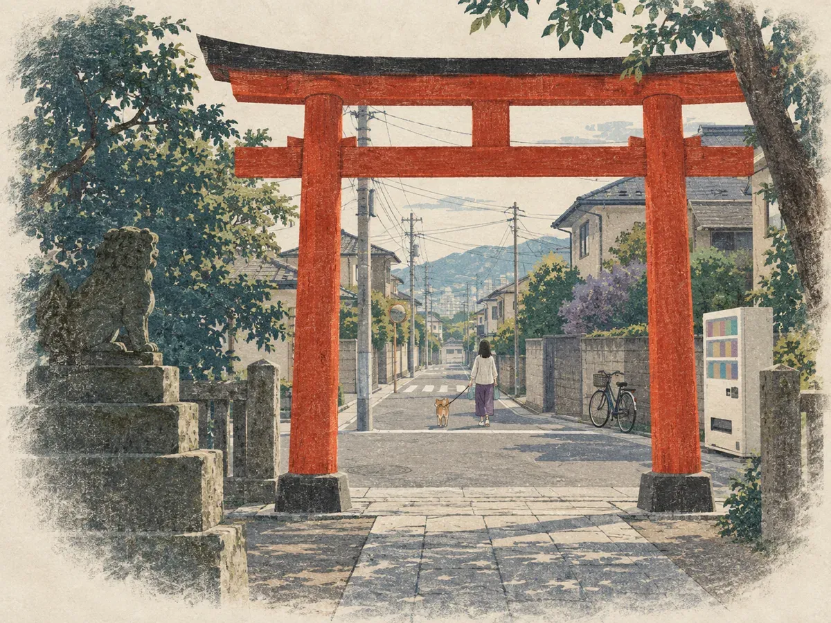 A woodblock print of a vermilion torii seen from the shrine side, with an ordinary residential street beyond it.